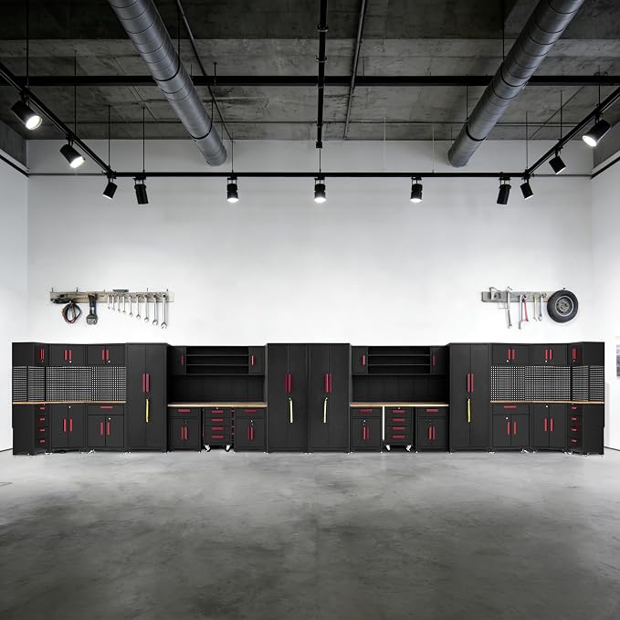 35PCS Garage Storage Cabinet System, Garage Cabinets and Storage System Corner Workshop Set with Corner Cabinet,Cabinet Drawers, Workbench, Pegboard for Tool Organization, Black Red