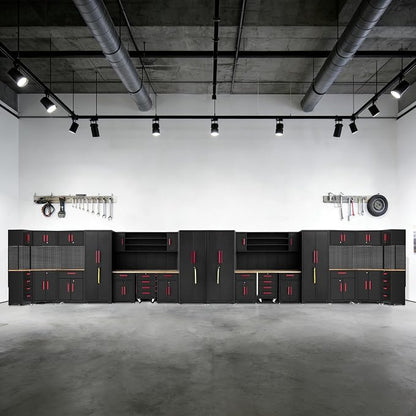 35PCS Garage Storage Cabinet System, Garage Cabinets and Storage System Corner Workshop Set with Corner Cabinet,Cabinet Drawers, Workbench, Pegboard for Tool Organization, Black Red