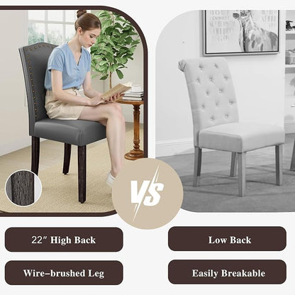 LSSBOUGHT PU Dining Chair, Kitchen Chair with Copper Nails and Solid Wood Legs for Dining Room,Restaurant (Gray, 2PCS)
