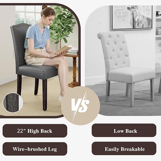 LSSBOUGHT Dining Chair Upholstered Parsons Kitchen Chair with Copper Nails and Solid Wood Legs for Dining Room,Restaurant (Gray, 4PCS)
