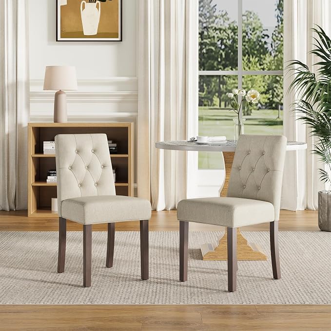 Upholstered Dining Chairs Set of 2 - Modern Parsons Kitchen & Dining Room Chair with Diamond Tufted Back, Solid Wooden Legs for Apartment, Café, Vanity