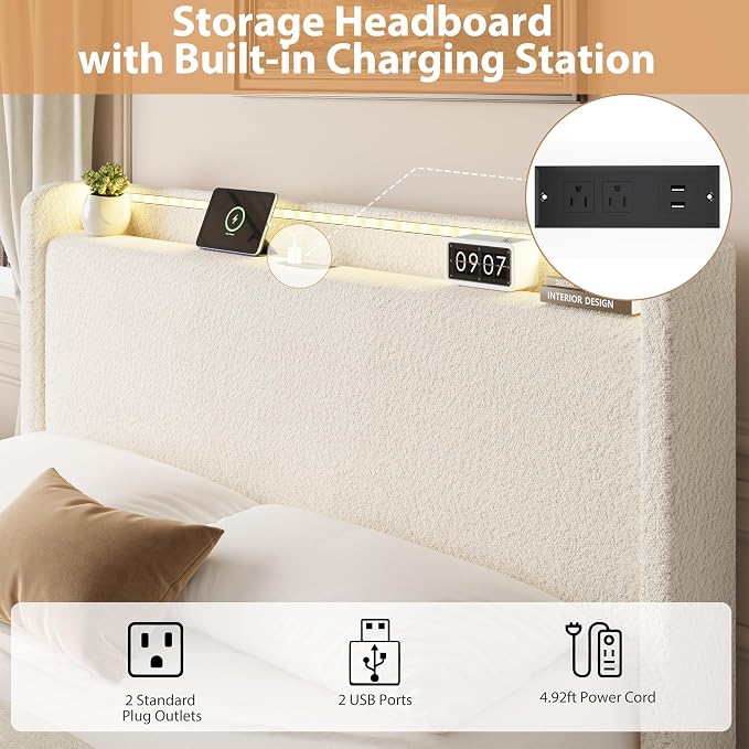 Queen LED Bed Frame with 4 Storage Drawers and Storage Headboard, Soft Boucle Upholstered Platform Bed Frame with Charging Station and USB Ports, Solid Wood Slats Support, No Box Spring Needed, Cream