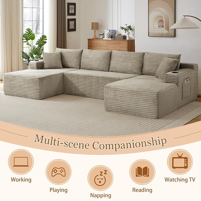134 Inch Modular Sectional Sleeper Sofa, Boneless Cloud Couch for Living Room, U Shaped 5 Seat Sofa with 2 Storage Pockets& 2 Cup Holders, Free Combination, No Assembly Required