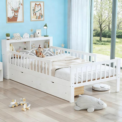 Bellemave Kids Twin Bed Frame with Fences, 2 Drawers & Storage Headboard, Twin Size Platform Bed with 3-Side Guardrails for Kids, Girls & Boys, White