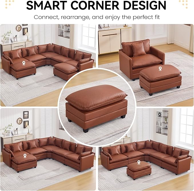 WUTUTUEE 35'' Modern Leather Cloud Sofa Ottoman,Rectangle Ottoman for Modular Sectional Sofa, Leather Brown