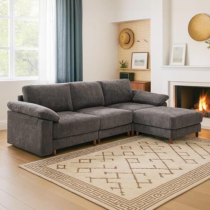 Oversized Modular Cloud Couch with Removable Washable Cover, L -Shaped Sectional for Large Living Room, Plush Chenille & Deep Seat（Grey）