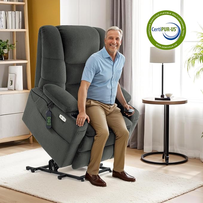 MCombo Big Man Power Lay Flat Lift Chair, Triple Motor Power Lift Recliner with Massage & Dual Heating, Adjustable Headrest, Fabric R7635 (Grey, Large-Wide)