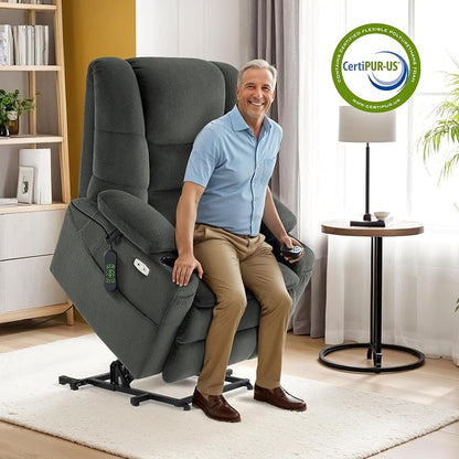 MCombo Big Man Power Lay Flat Lift Chair, Triple Motor Power Lift Recliner with Massage & Dual Heating, Adjustable Headrest, Fabric R7635 (Grey, Large-Wide)