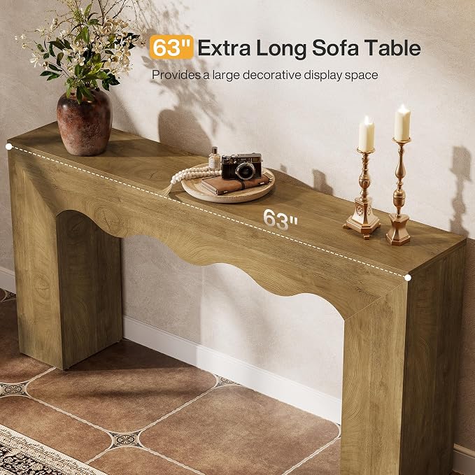 Tribesigns 63" Farmhouse Console Table, Wooden Couch Table Behind Sofa with Storage, Long Entryway Sofa Station, Narrow Console Stand with Base, Hallway Stand for Entryway (1, Light Brown)