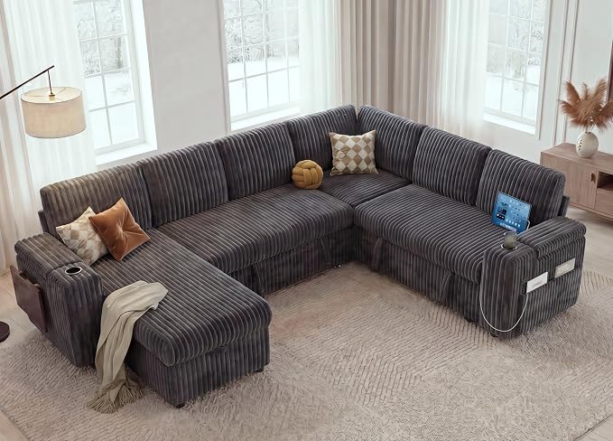 WEUP 111" Modular Sectional Sleeper Sofa with Pull Out Bed, 7 Seat Plush Corduroy L Shaped Couch with Storage Chaise|USB Ports|Cup Holders|Side Table|Storage Armrests, Tool Free Assembly, Grey