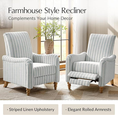 HULALA HOME Farmhouse Recliner Chair with Solid Wood Spindle Legs, Striped Push Back Recliner Armchair with Adjustable Backrest & Footrest, Comfy High Back Lazyboy Single Sofa for Living Room, Blue