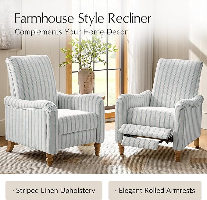 HULALA HOME Farmhouse Recliner Chairs Set of 2 with Solid Wood Spindle Legs, Striped Push Back Recliner Armchairs with Adjustable Backrest & Footrest, Comfy High Back Lazyboy Single Sofas, Blue