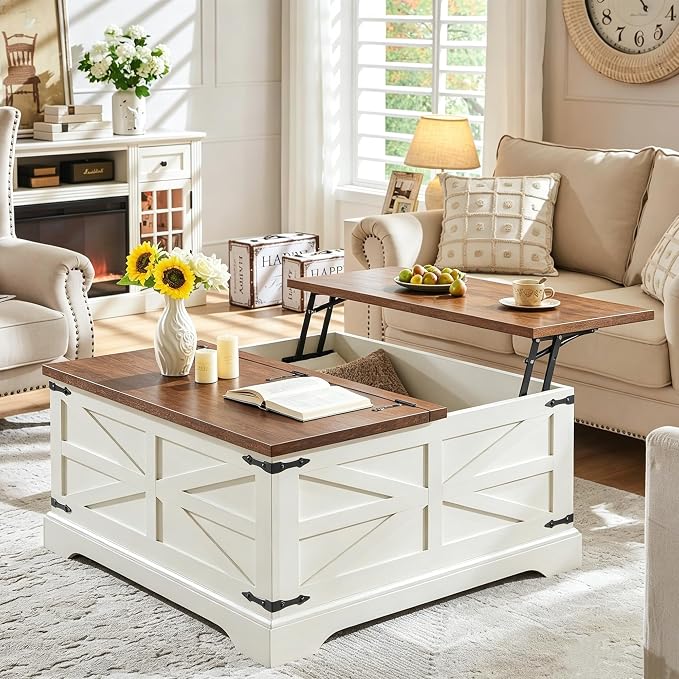 JXQTLINGMU Farmhouse Lift-Top Coffee Table with Large Storage, 36" Square Wood Living Room Table with Hidden Compartment and Raised Dining Surface, White and Brown