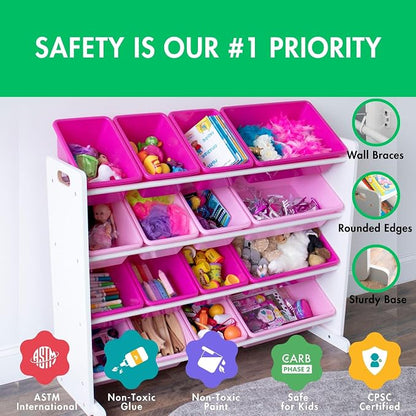 Humble Crew Supersized Toy Storage Organizer with 16 Removable Bins, White/Pink – Large Toy Storage for Toddlers Ideal for Kids' Rooms, Playrooms, and Nurseries - Modern Toy Bins for Kids