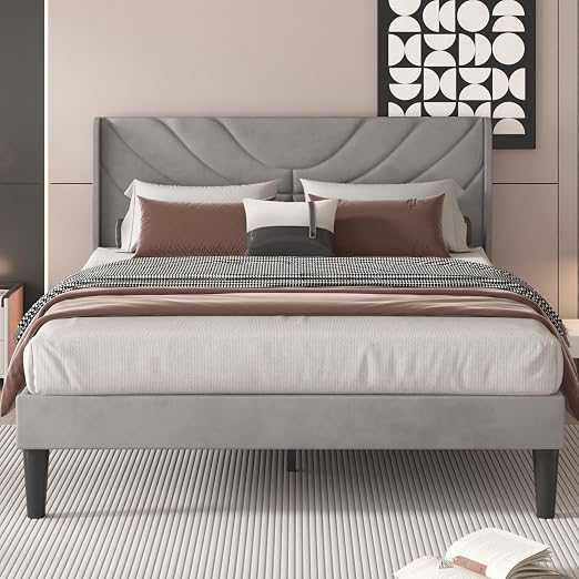 VECELO Upholstered Platform Full Bed Frame with Fabric Headboard,Wooden Slats Support/No Box Spring Needed/Mattress Foundation,Dark Grey