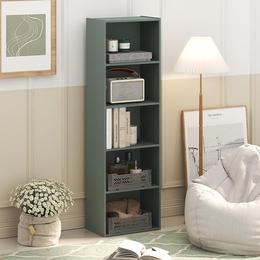 Furinno LUDER Book Shelf, 5-Tier Bookshelf, Bookcase with Open Shelves, 9.4 x 15.8 x 52, Easy Assembly, for Living Room, Bedroom, Home Office, Sage Green