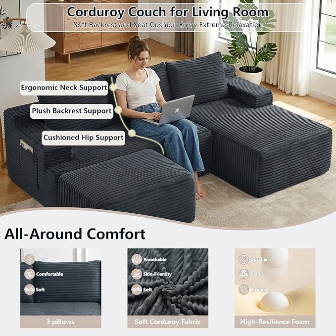 96" Cloud Sectional Couch U-Shaped Chaise with Ottoman, Corduroy Boneless Couch for Living Room Bedroom, Deep-Seat Upholstered Modular Cloud Sofa, No Assembly Required (Grey, Right Facing Chaise)