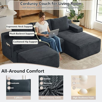 96" Cloud Sectional Couch U-Shaped Chaise with Ottoman, Corduroy Boneless Couch for Living Room Bedroom, Deep-Seat Upholstered Modular Cloud Sofa, No Assembly Required (Grey, Right Facing Chaise)