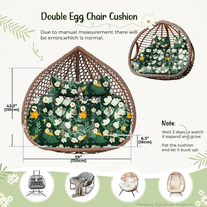 Double Egg Chair Cushion Replacement Waterproof for Outdoor Patio Hanging Basket Egg Chairs, 59x43-Inch Thickened 100% Cotton Large Double Eggs Swing Chair Cushions, Green Peony