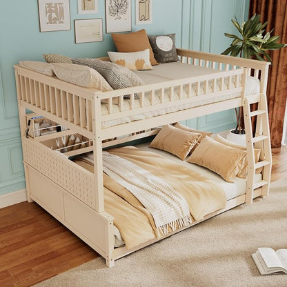 Full XL Over Queen Bunk Bed, Wood Bunk Bed with Integrated Shelving, Color-Changing Lights and Pegboard for Kids Teens Adults, Beige