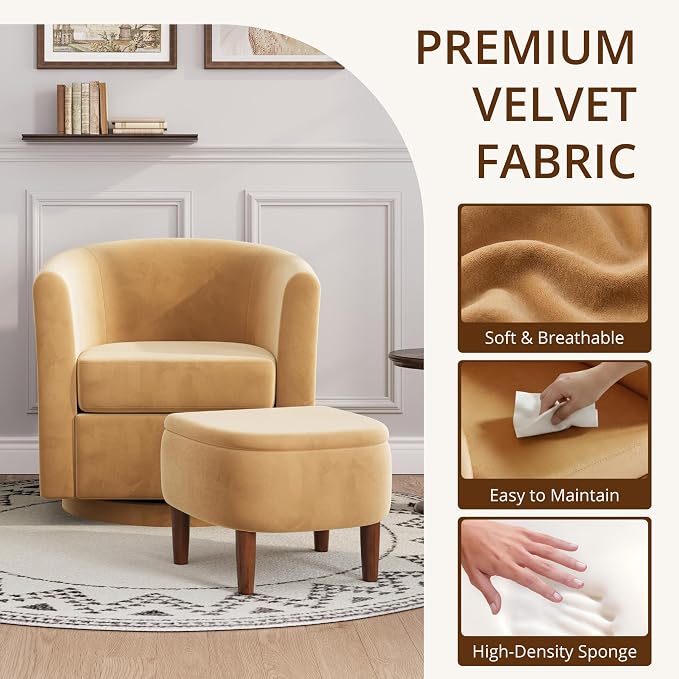 Swivel Accent Chair with Storage Ottoman Set of 2, Small Modern Velvet Barrel Chair, Upholstered Armchair with Footrest for Living Room/Reading/Bedroom, 24.8'' D x 25.38'' W x 25.6'' H, Yellow