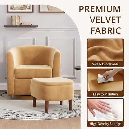 Swivel Accent Chair with Storage Ottoman Set of 2, Small Modern Velvet Barrel Chair, Upholstered Armchair with Footrest for Living Room/Reading/Bedroom, 24.8'' D x 25.38'' W x 25.6'' H, Yellow