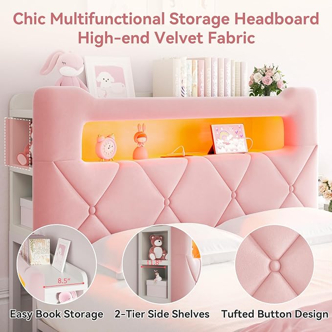 Queen Upholstered LED Bed Frame with 2 Storage Drawers and 2-Tier Storage Headboard,Velvet Princess Platform Bed with Charging Station & Bookcase, Corner Bed Frame, Heavy Duty Metal Support, Pink
