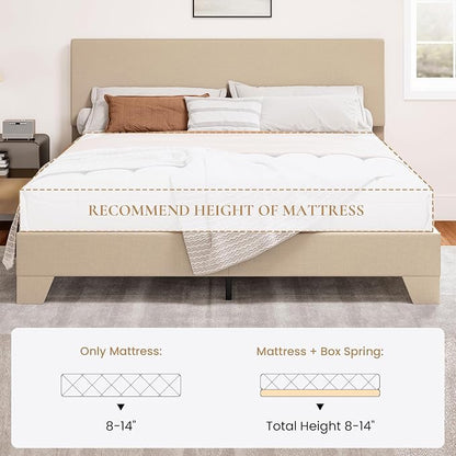 SHA CERLIN Linen Upholstered Full Size Bed Frame with Headboard, Beige | Adjustable Low-Profile Platform Bed, Minimalist Design, Stable Mattress Foundation, Strong Back-Support, No Box Spring Needed