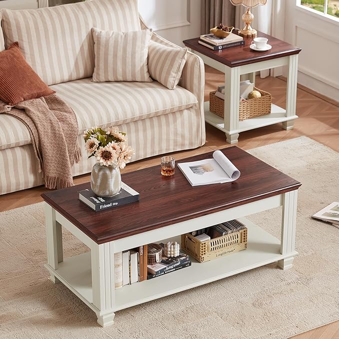 SAVOR LIFE Farmhouse TV Stand and Coffee Table Set 4, Rustic Wood Living Room Table Set with TV Console, Center Table, End Table Set of 2 for Living Room, White