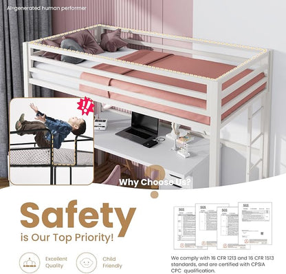 SHA CERLIN Loft Bed Twin Size with Ladder and Guardrail,White | Heavy Duty Metal Slats Support,No Box Spring Needed,Small Space Saving Furniture for Bedroom Dorm