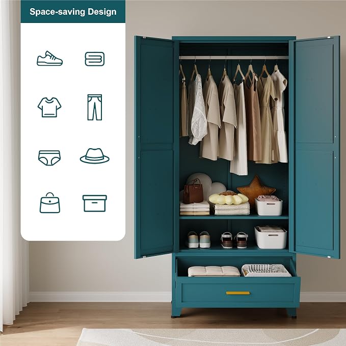 QINPTWUT 71" Tall Metal Wardrobe with Doors, Hanging Rod & Adjustable Shelf, Freestanding Steel Armoire for Bedroom Home Office, 1-Drawer Blue