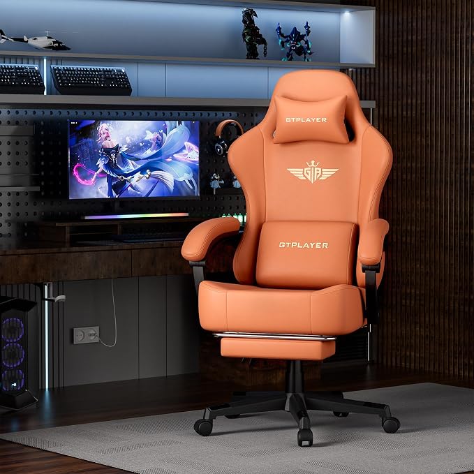 GTPLAYER Gaming Chair with Pocket Spring Cushion, Big and Tall Gamings Chairs 350LBS High Back Computer Chair with Footrest for Adults Lumbar Support Swivel Game Chair for Office, Leather Orange