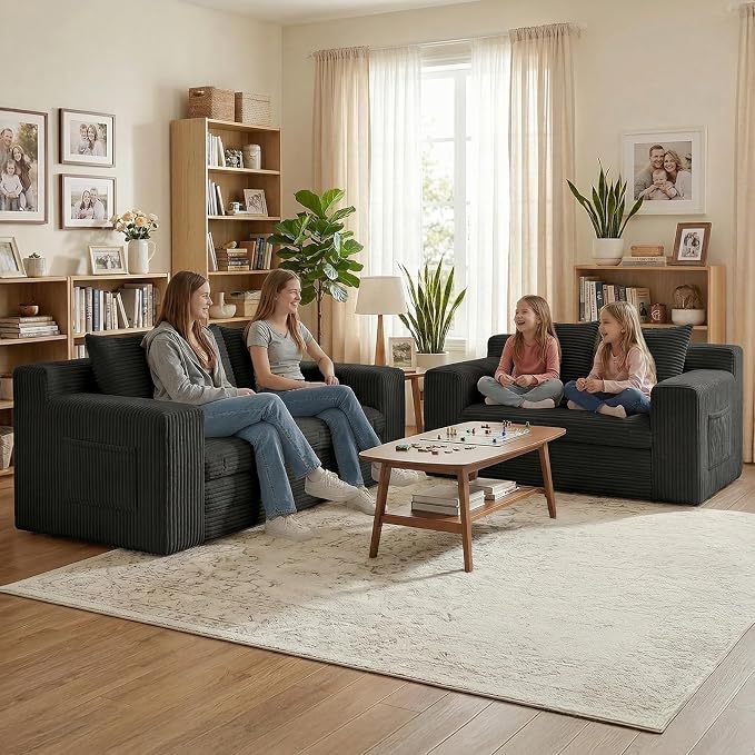Boneless Loveseat Sofa Bed, Tri-Folding Convertible Futon Sleeper with Handle & Side Pockets, 54'' Boneless Couch with Hook and Loop No Assembly for Small Space,Living Room & Bedroom