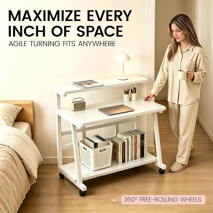 47.2 Inch Compact Rolling Computer Desk with Tier Worktable & Lockable Wheels, Small Computer Desk, Small Desk for Bedroom, Mobile Writing Workstation Easy Assembly for Home Office Small Spaces