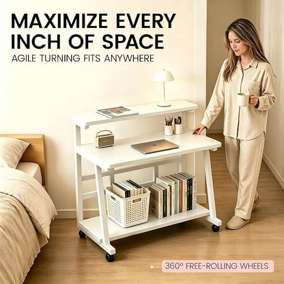 39.4 Inch Compact Rolling Computer Desk with Tier Worktable & Lockable Wheels, Small Computer Desk, Small Desk for Bedroom, Mobile Writing Workstation Easy Assembly for Home Office Small Spaces
