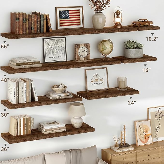 Vivelove 10 Inch Deep Floating Shelves 24 inch Long, 24 x 10 Wide Wall Shelves with Invisible Brackets, for Bedroom Bathroom Living Room Kitchen Office, Farmhouse Home Decor, Set of 2, Rustic Brown