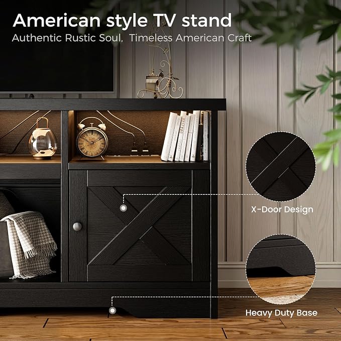 Casaottima TV Stand for 65 Inch TV, Farmhouse Entertainment Center with Power Outlet & LED Light and Storage Cabinets, Console Table and Media Furniture for Living Room Bedroom, Black