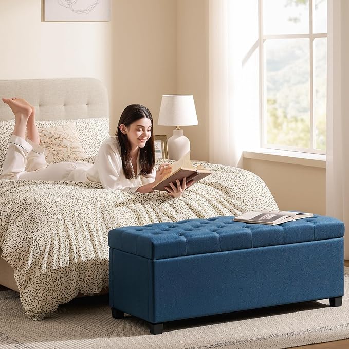47.2" Ottoman with Storage, Storage Ottoman Bench with Safety Hinge,Tufted End of Bed Bench, Upholstered Entryway Bench for Bedroom, Living Room & Window (Blue-Upgraded Version)