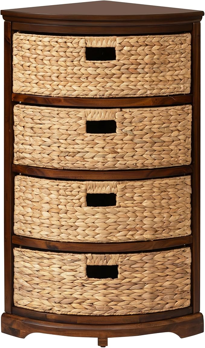eHemco Hampton Meadows 4 Tier X-Side Corner Table, Walnut | Storage Cabinet, 4 Wicker Baskets