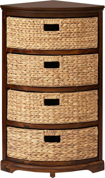eHemco Hampton Meadows 4 Tier X-Side Corner Table, Walnut | Storage Cabinet, 4 Wicker Baskets