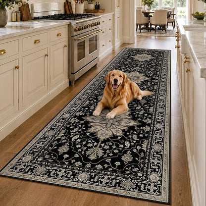 RELEANY Area Rugs Runner 3'x10' Washable Non-Slip, Floral Vintage Distress Medallion Carpet for Kitchen Hallway Bedroom Beside Laundry Room Bathroom, Black Brown Neutral Dark Tan