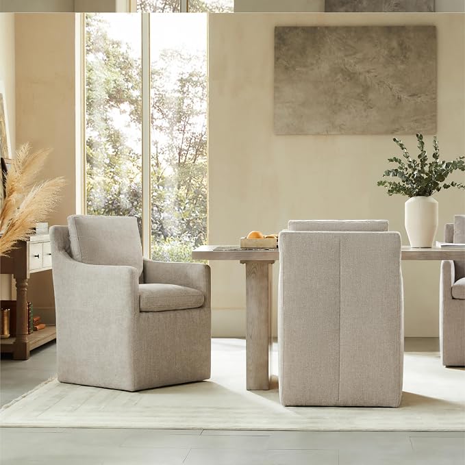 KISLOT Upholstered Dining Chairs with Casters, No Assembly Modern Accent Armchair with Rollers for Dining Room, Bedroom, Living Room, Reading Room, Already Assembled, Sand, 1 Box
