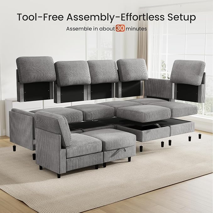 KKL Modular 8 Seater 108 Inch Sofa Bed - 2 * 4 Sectional Sleeper Sofabed with Storage Ottoman, Convertible L/U Shaped Sleeper Couch for Living Room, Modern Reversible Design, Grey