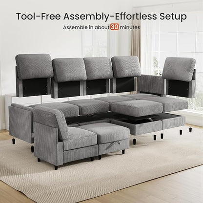 KKL Modular 8 Seater 108 Inch Sofa Bed - 2 * 4 Sectional Sleeper Sofabed with Storage Ottoman, Convertible L/U Shaped Sleeper Couch for Living Room, Modern Reversible Design, Grey
