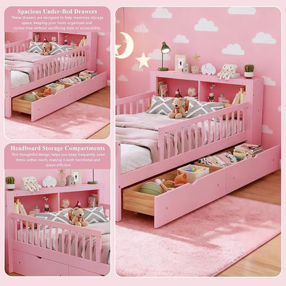 Bellemave Kids Twin Platform Bed with 2 Drawers & Storage Headboard, Kids Twin Bed Frame with 3-Side Guardrails for Girls Boys, Pink