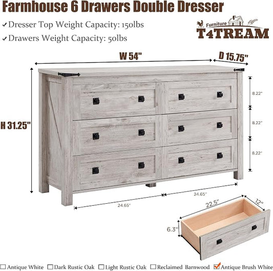 T4TREAM 54" Wide Farmhouse 6-Drawer Dresser for Bedroom, Antique Brush White