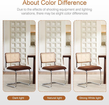 Zesthouse Rattan Dining Chairs Set of 6, Mid Century Modern Dining Room Chairs with Natural Cane Mesh & Chrome Base, Brown Cesca Chair Chenille Fabric, Farmhouse Kitchen Chair with Solid Wood Back