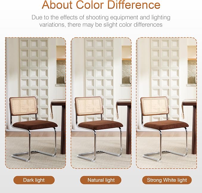 Zesthouse Rattan Dining Chairs Set of 4, Mid Century Modern Dining Room Chairs with Natural Cane Mesh & Chrome Base, Brown Cesca Chair Chenille Fabric, Farmhouse Kitchen Chair with Solid Wood Back