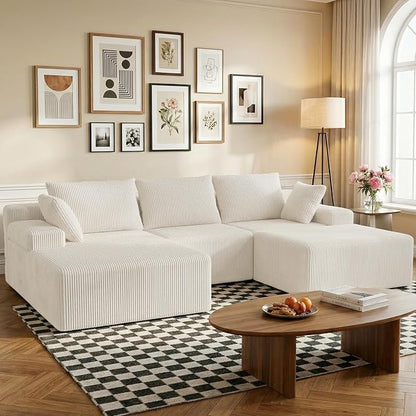 kinmars 108" Boneless Sectional Couch,Corduroy Cloud Couch Sectional for Living Room,Modern U Shaped Modular Sectional Couch,3 Seater Sofa (Beige, 108.9" U Shaped with Ottoman)