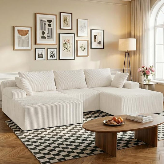 kinmars 108" Boneless Sectional Couch,Corduroy Cloud Couch Sectional for Living Room,Modern U Shaped Modular Sectional Couch,3 Seater Sofa (Beige, 108.9" U Shaped with Ottoman)